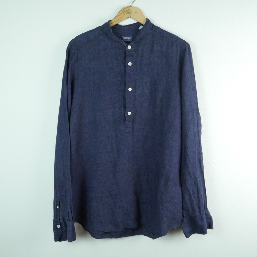 Finamore 1925 Frans Boone Navy Blue Linen Band Collar Popover Shirt Mens 17 43